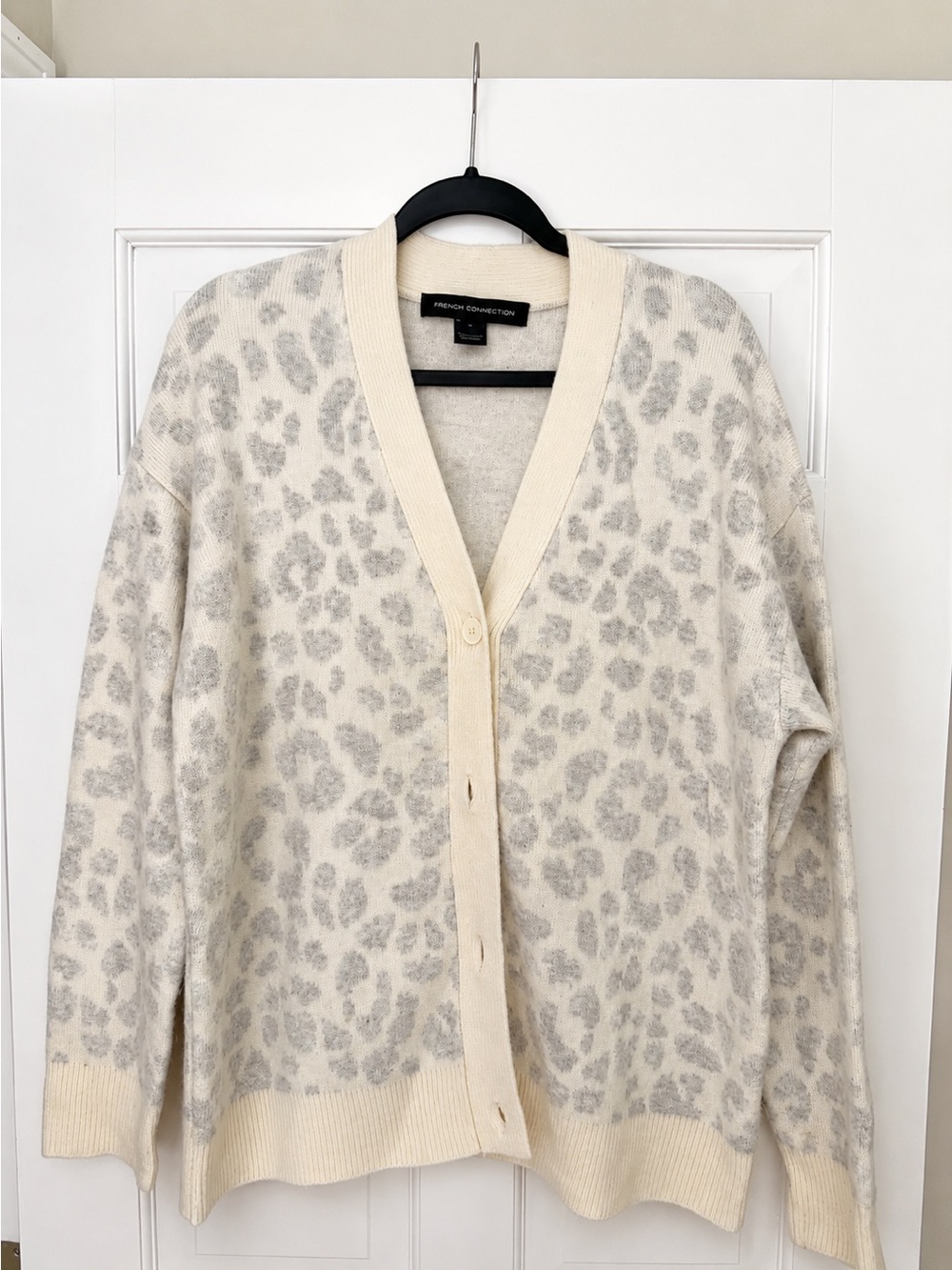 French Connection Cream and Light Gray Leopard Print Cardigan